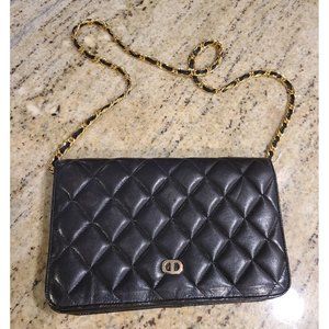 Vintage Jay Herbert Quilted Black Leather Handbag Clutch Shoulder Strap Gold Ton